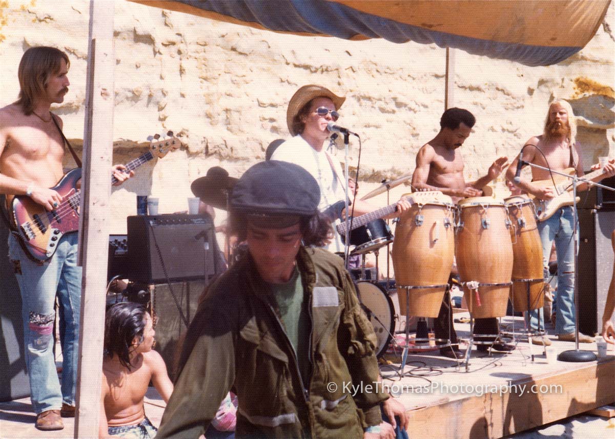 The band playing on the beach stage at the 1975 Stonesteps Surfing Contest