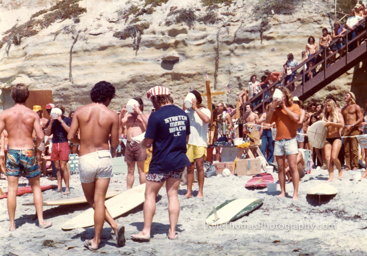 Contestant guzzling the resin bucket of beer before his heat, Stonesteps 1975
