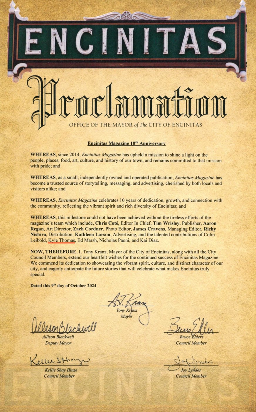 City of Encinitas Proclamation honouring Kyle Thomas, presented by Mayor Tony Kranz, October 9, 2024