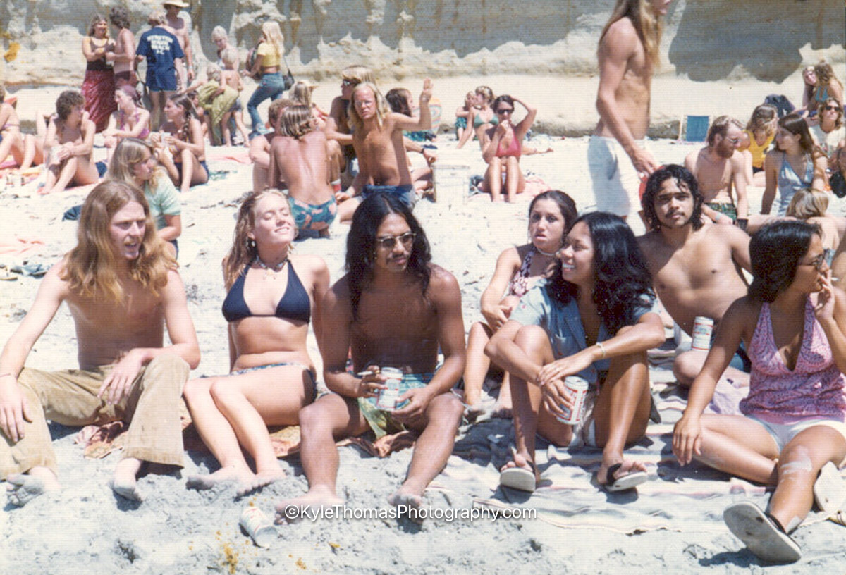Front row on the sand at the 1975 Stonesteps Surfing Contest — Chuck Pound, Beverly Farley, Tommy Agcaoli