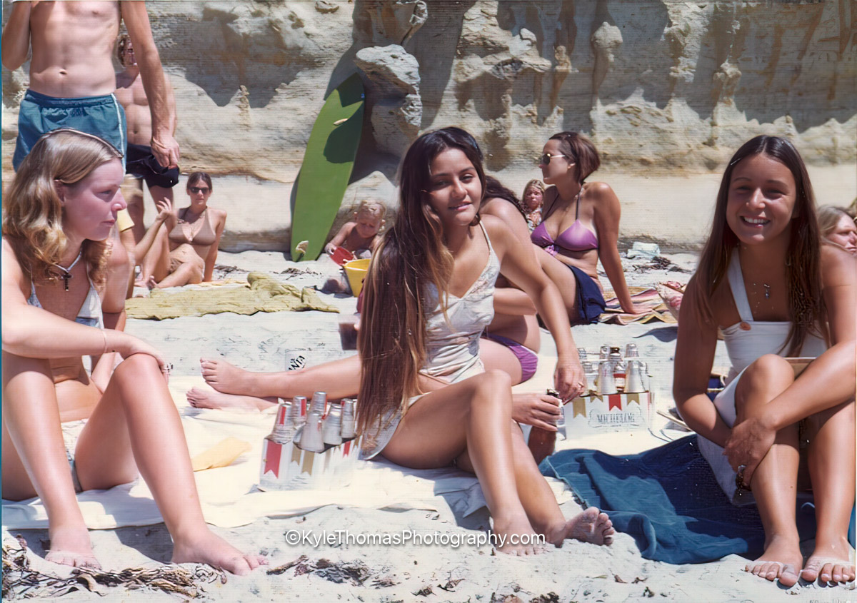 Local Encinitas Girls on the beach at 1975 Stonesteps Surfing Contest