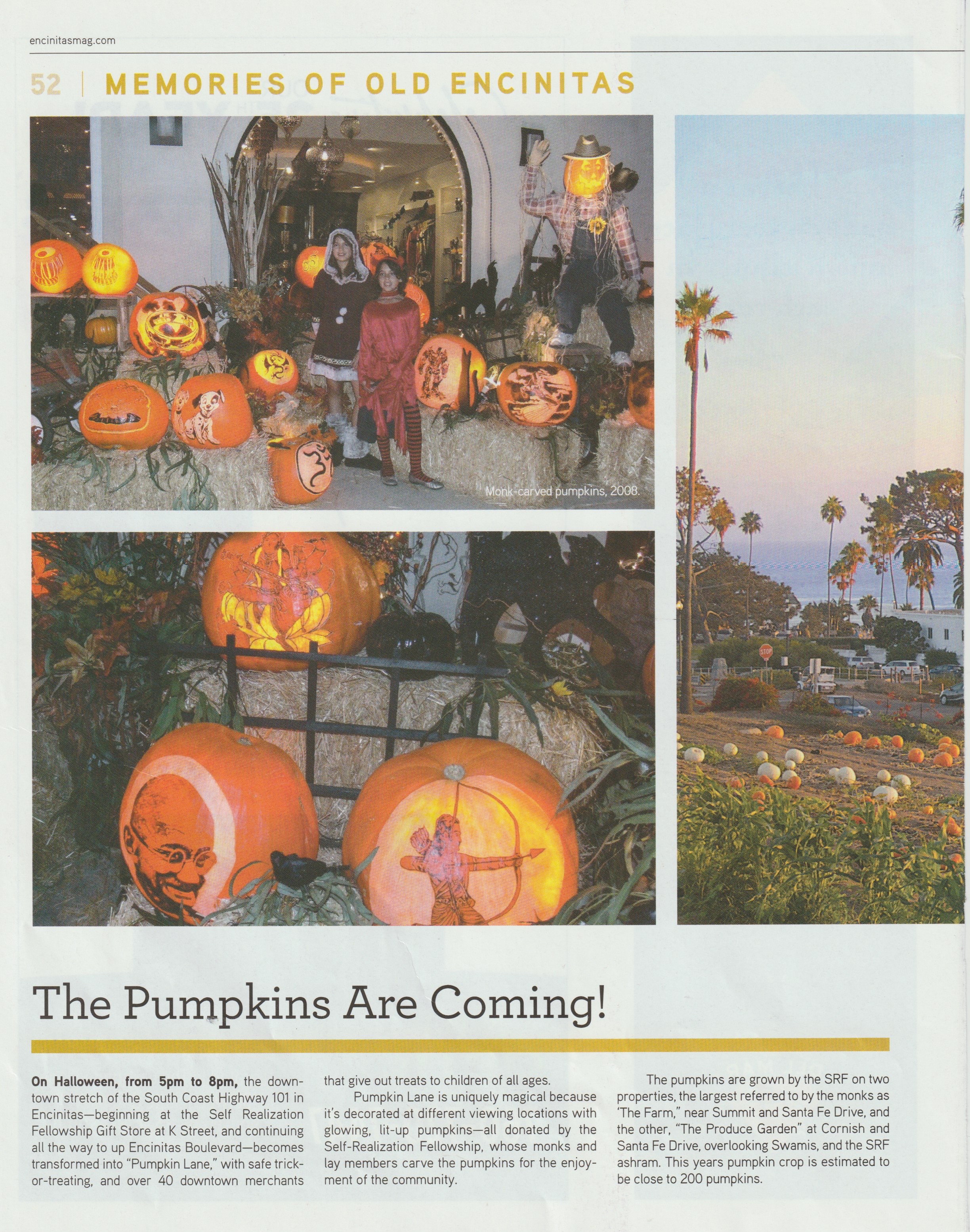 The Pumpkins Are Coming as it ran in Encinitas Magazine, page 52, with three photographs above the headline