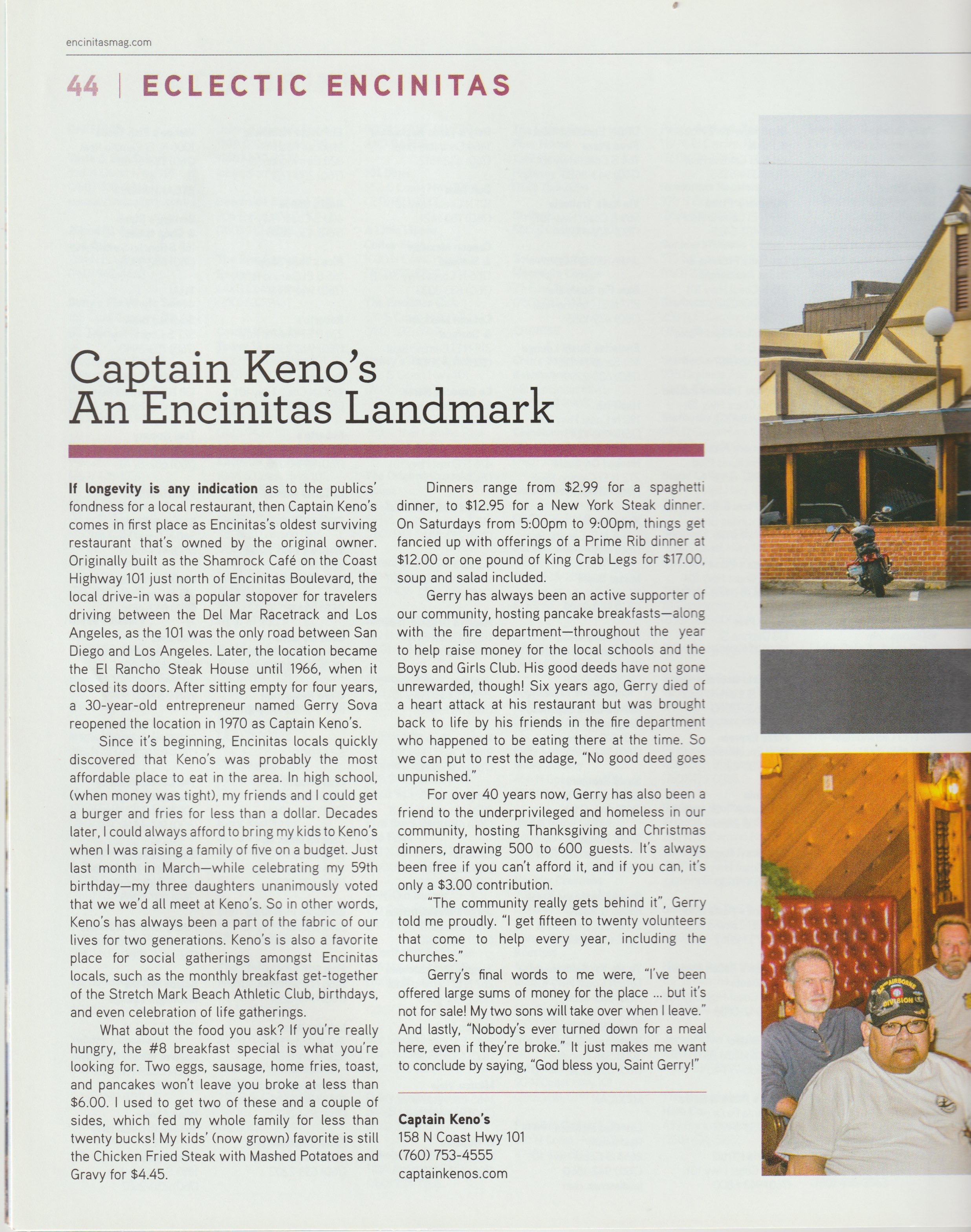Captain Keno’s, An Encinitas Landmark, as it ran in Encinitas Magazine, page 44