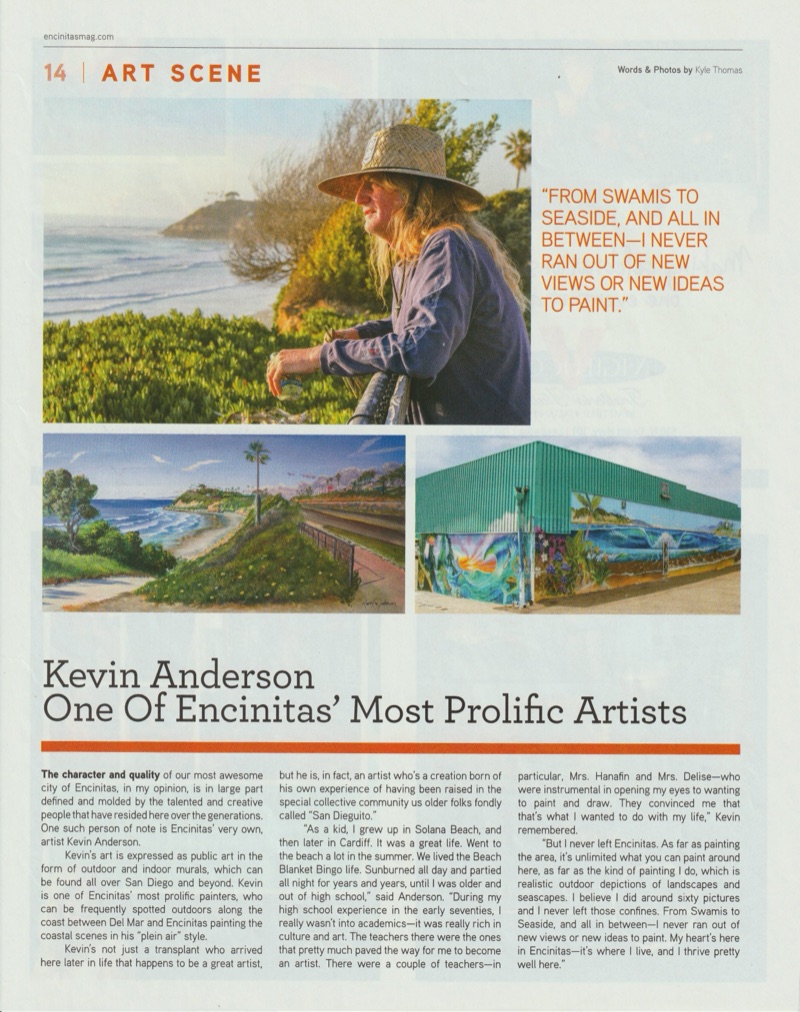 Kevin Anderson story as published in Encinitas Magazine, April 2016, page 14, Art Scene — words and photos by Kyle Thomas