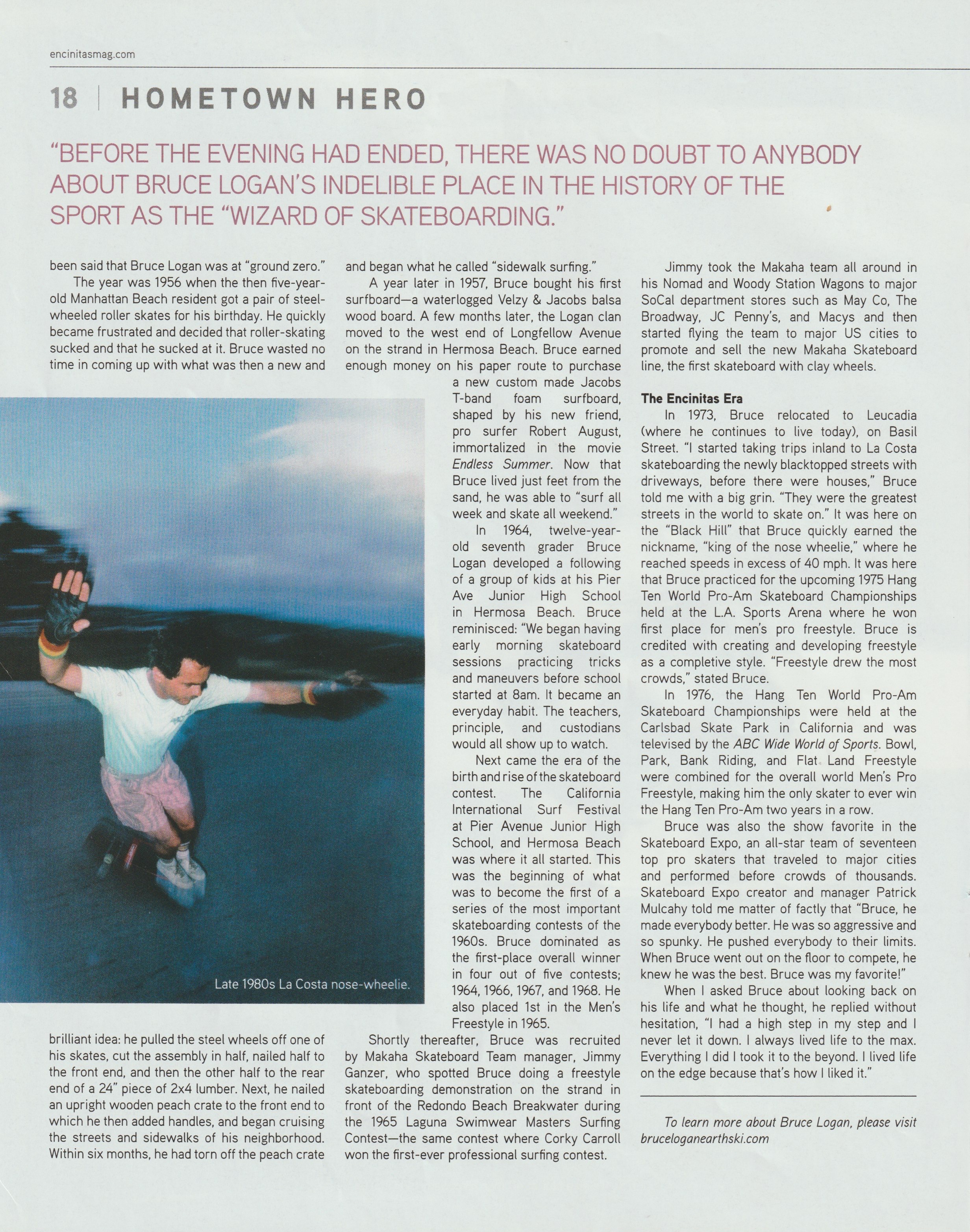 Bruce Logan & the History of Skateboarding, as it ran in Encinitas Magazine, page 18