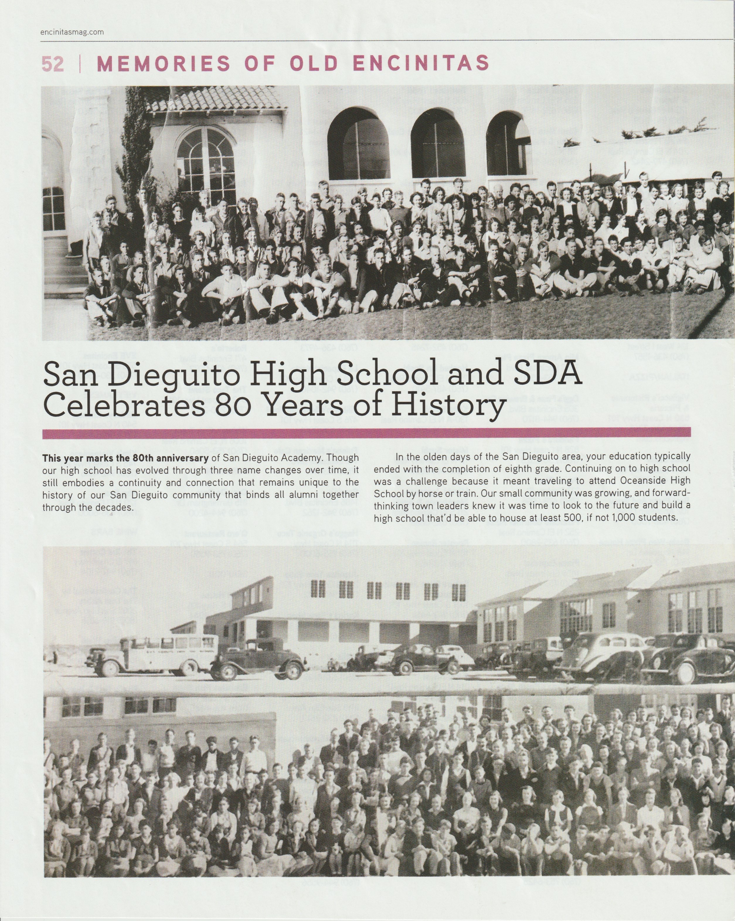 San Dieguito High School and SDA Celebrates 80 Years of History as it ran in Encinitas Magazine, page 52, with two class photographs framing the headline and opening text