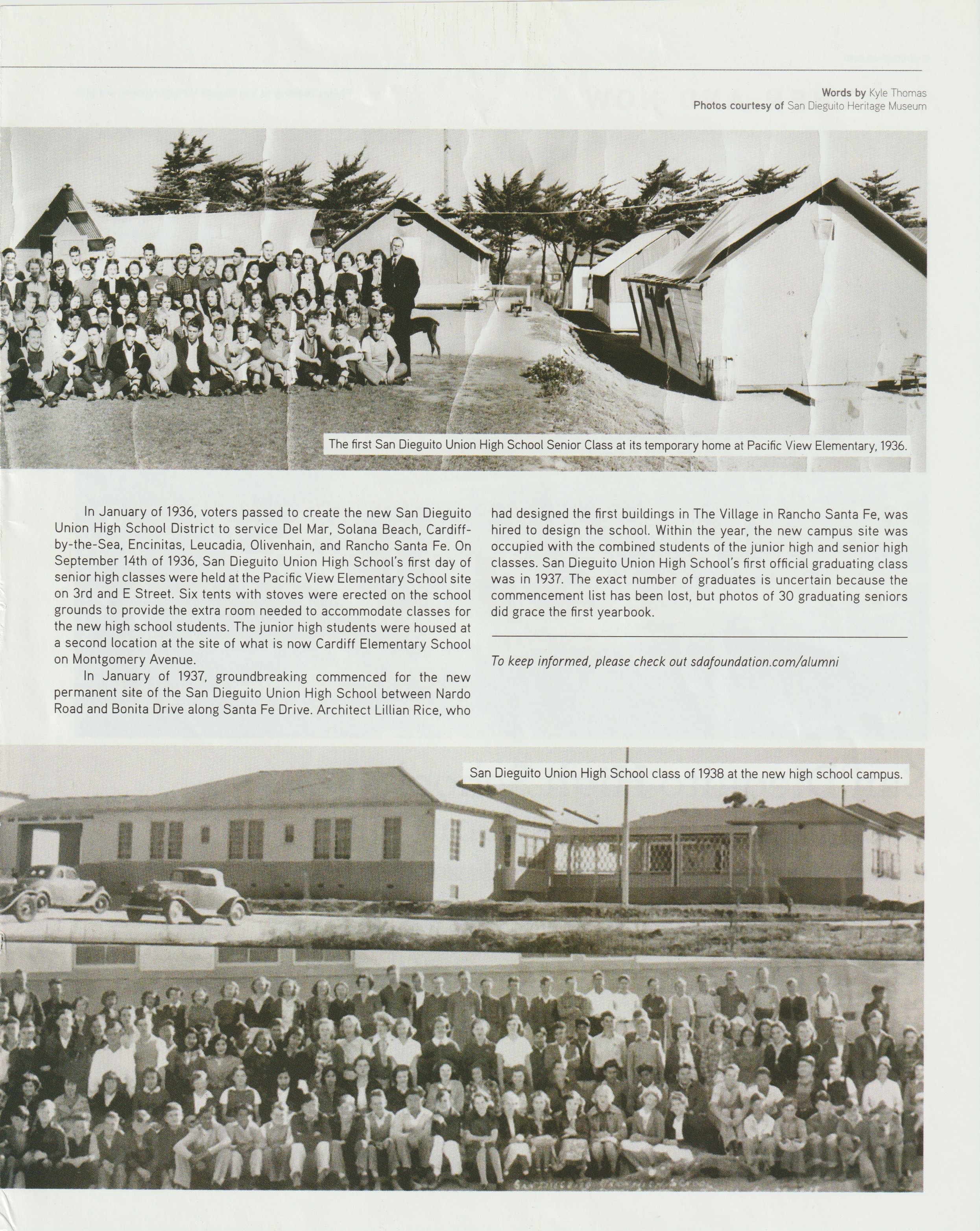 Page 53 of the story in Encinitas Magazine, the 1936 tent classrooms above the text and the class of 1938 below