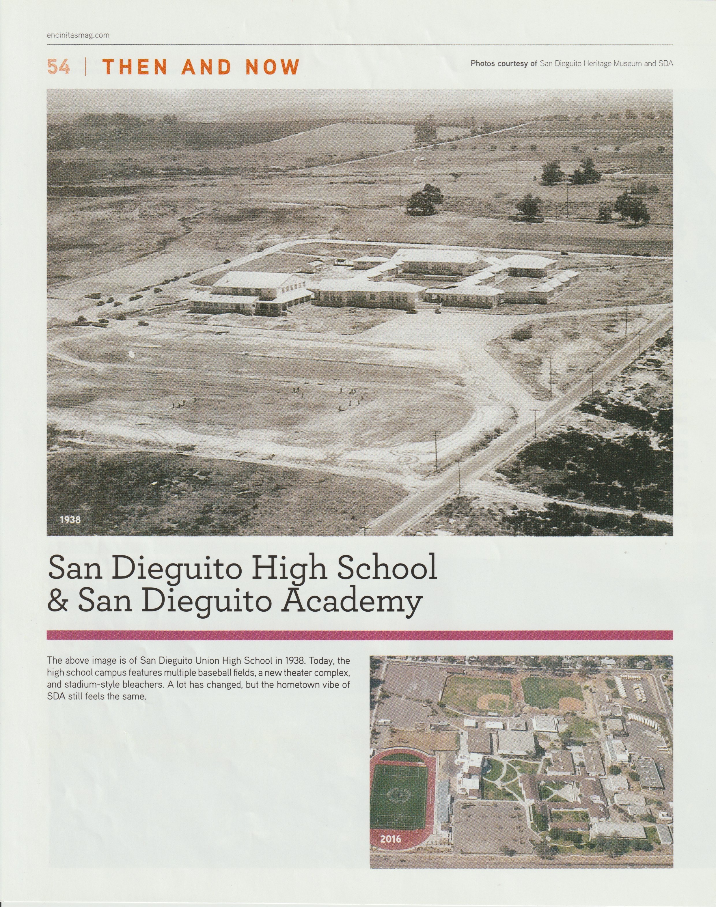 Page 54 of Encinitas Magazine, Then and Now, the 1938 aerial photograph of the campus above a 2016 aerial