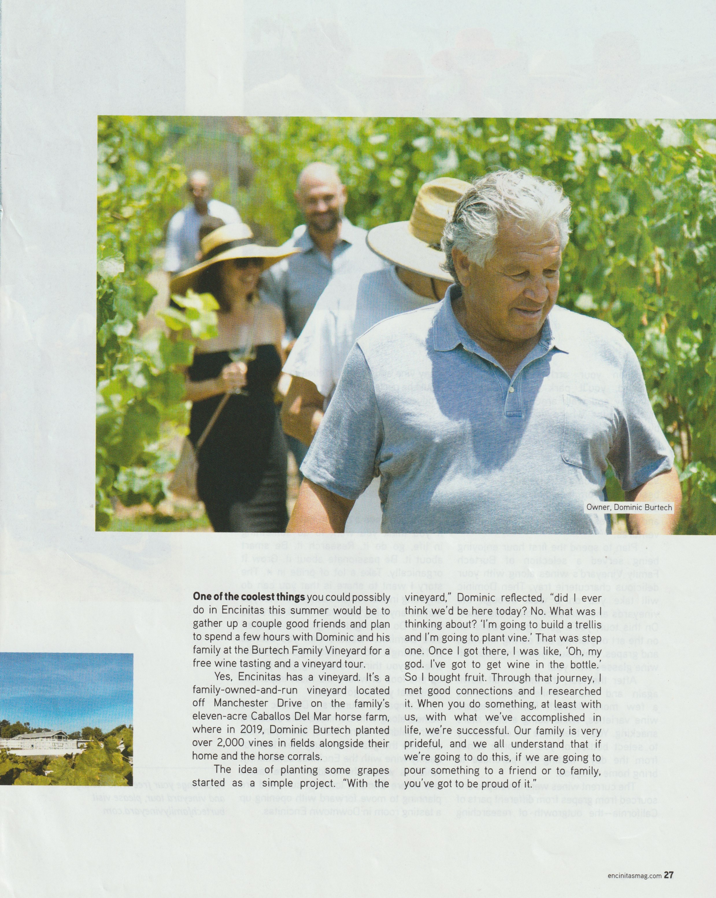 Page 27 of the story in Encinitas Magazine, Dominic Burtech leading guests through the vines above the opening text