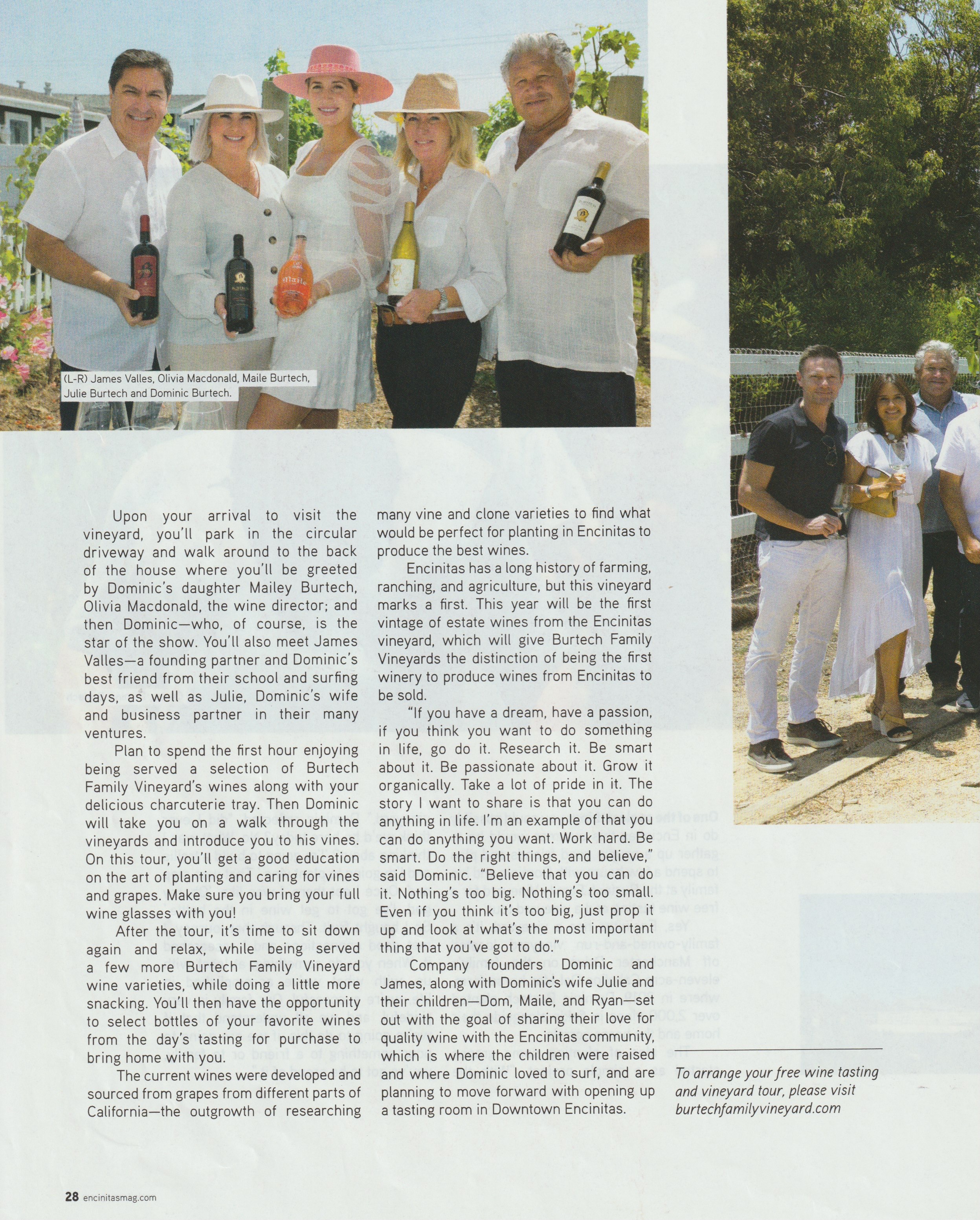 Page 28 of Encinitas Magazine, the five partners and family members holding bottles above two columns of text