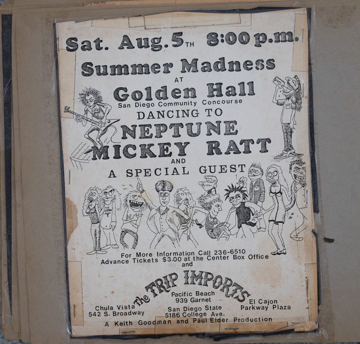 A cartoon-illustrated gig poster for Summer Madness at Golden Hall, San Diego, billing Neptune and Mickey Ratt