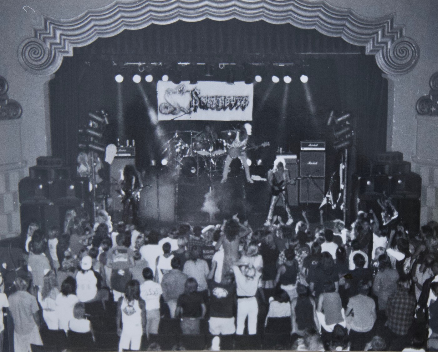 Snakebyte on stage at the La Paloma Theater in Encinitas, 1986, packed floor