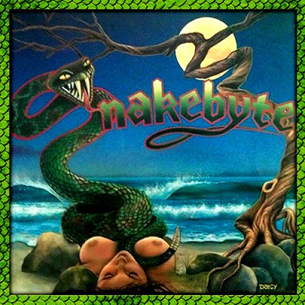Snakebyte album cover: a green snake coiled around a tree above a moonlit beach