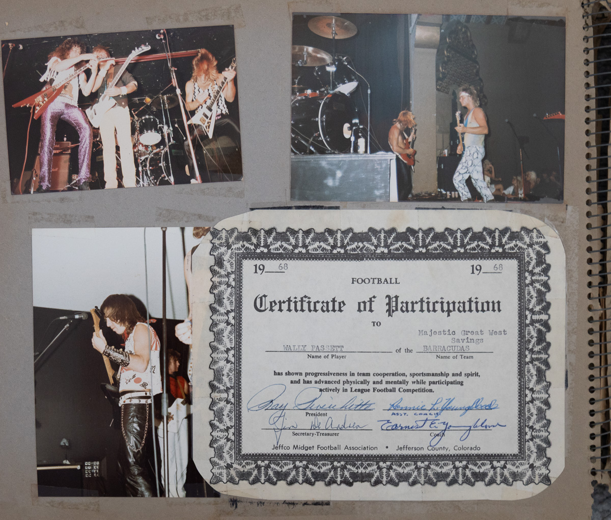 A scrapbook page with three colour concert photographs mounted over a 1968 youth football certificate of participation