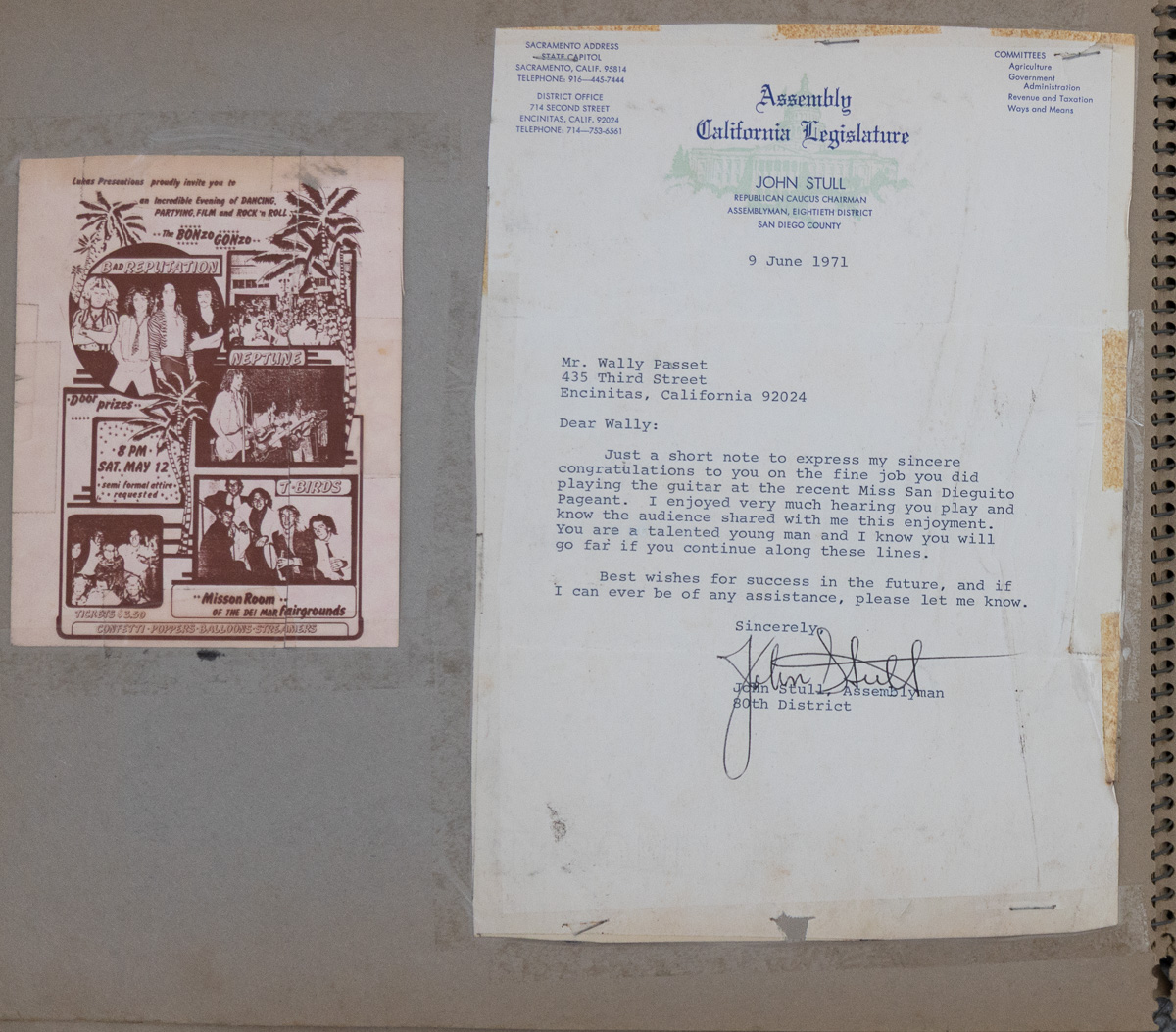 A 1971 letter on California State Assembly letterhead to Wally Passet, mounted in a scrapbook beside a dance-night flyer
