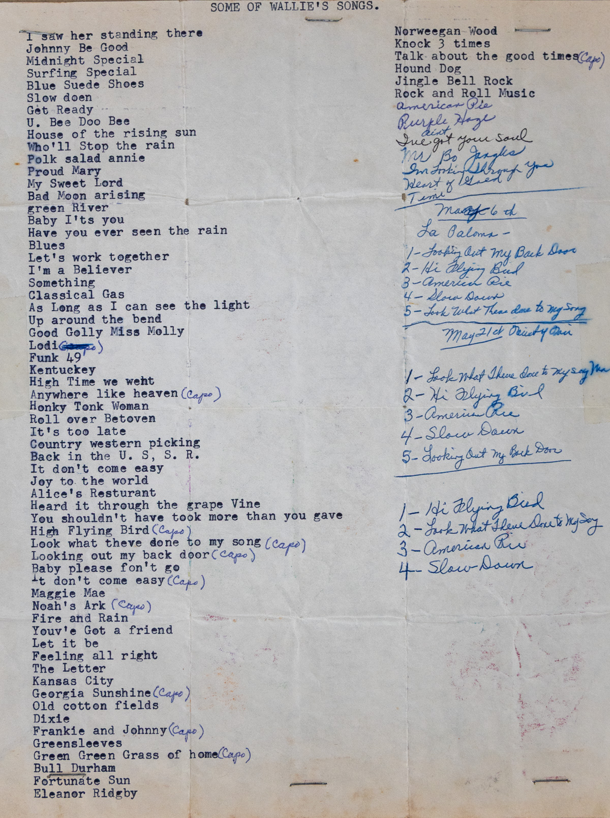 A typed sheet headed SOME OF WALLIE'S SONGS listing around seventy song titles, with further songs and set lists added in blue ink