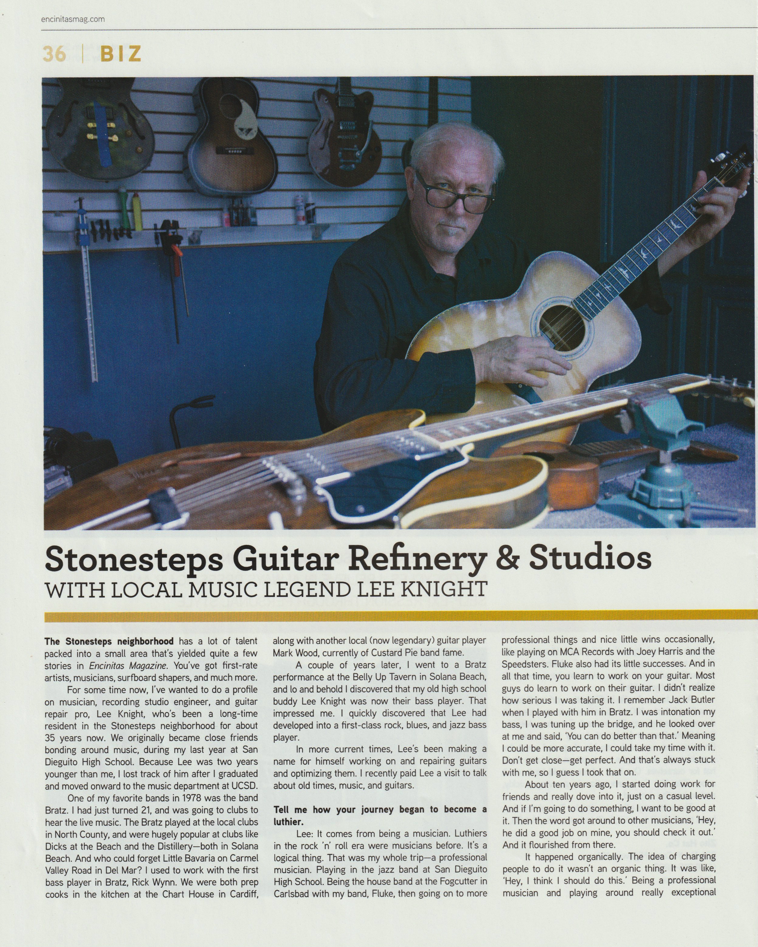 Stonesteps Guitar Refinery and Studios with local music legend Lee Knight, as it ran in Encinitas Magazine, page 36