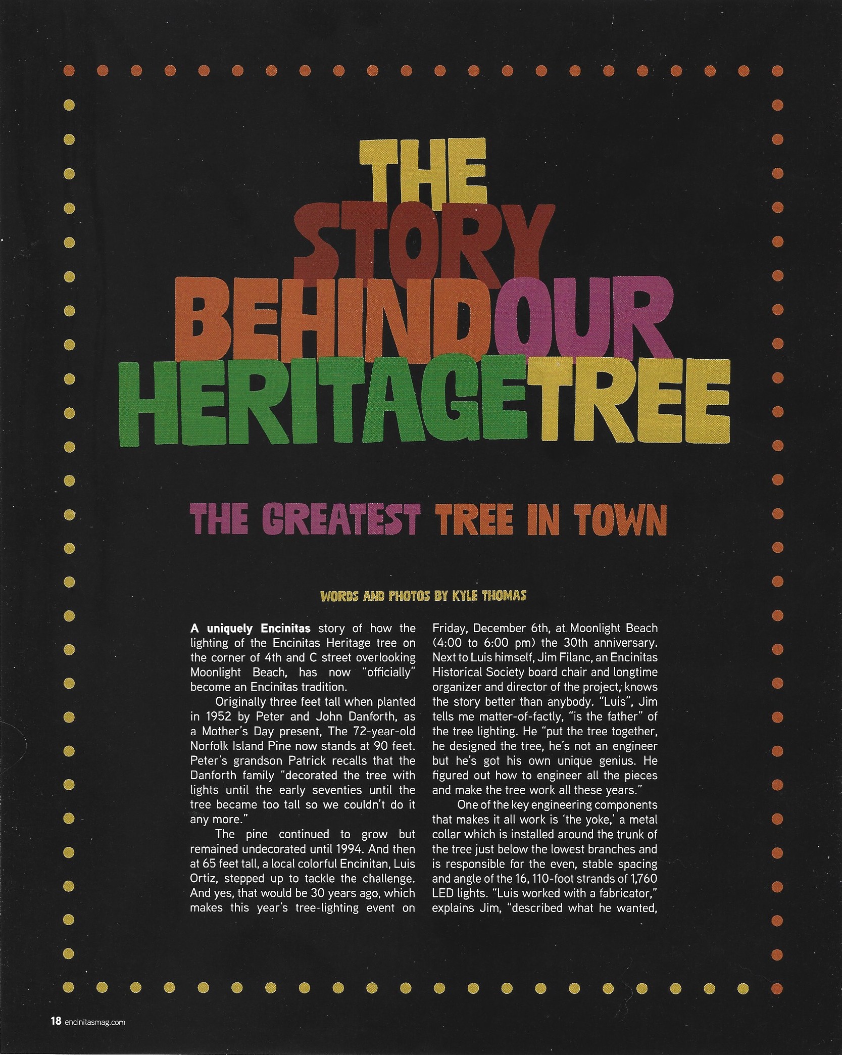 Page 18 of Encinitas Magazine, the headline The Story Behind Our Heritage Tree, The Greatest Tree in Town, set in colored block letters on black with the opening two columns of text below