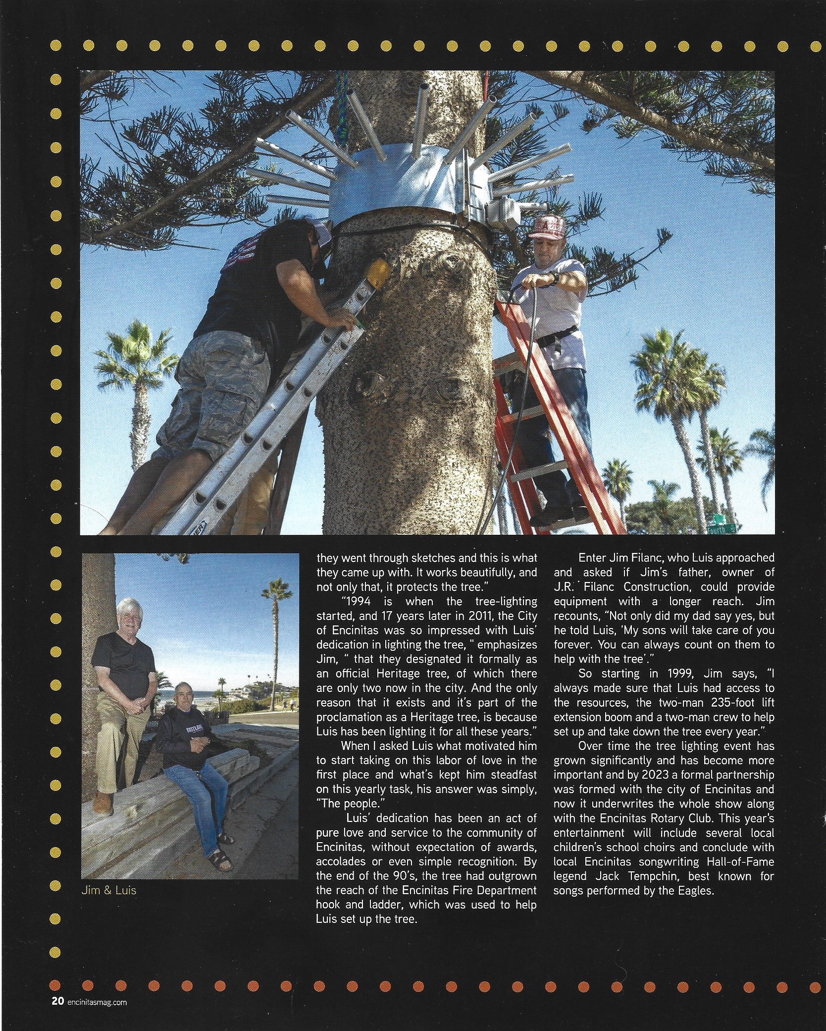 Page 20 of the story, the yoke installation photograph across the top and three columns of text below, with a small picture of Jim and Luis on the sea wall
