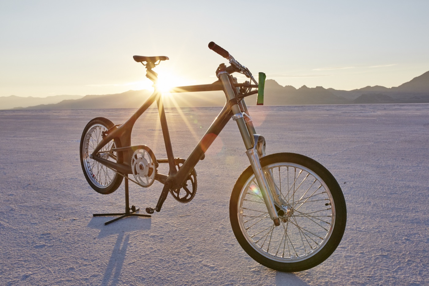 The custom KHS land-speed bicycle on the Bonneville Salt Flats at sunset