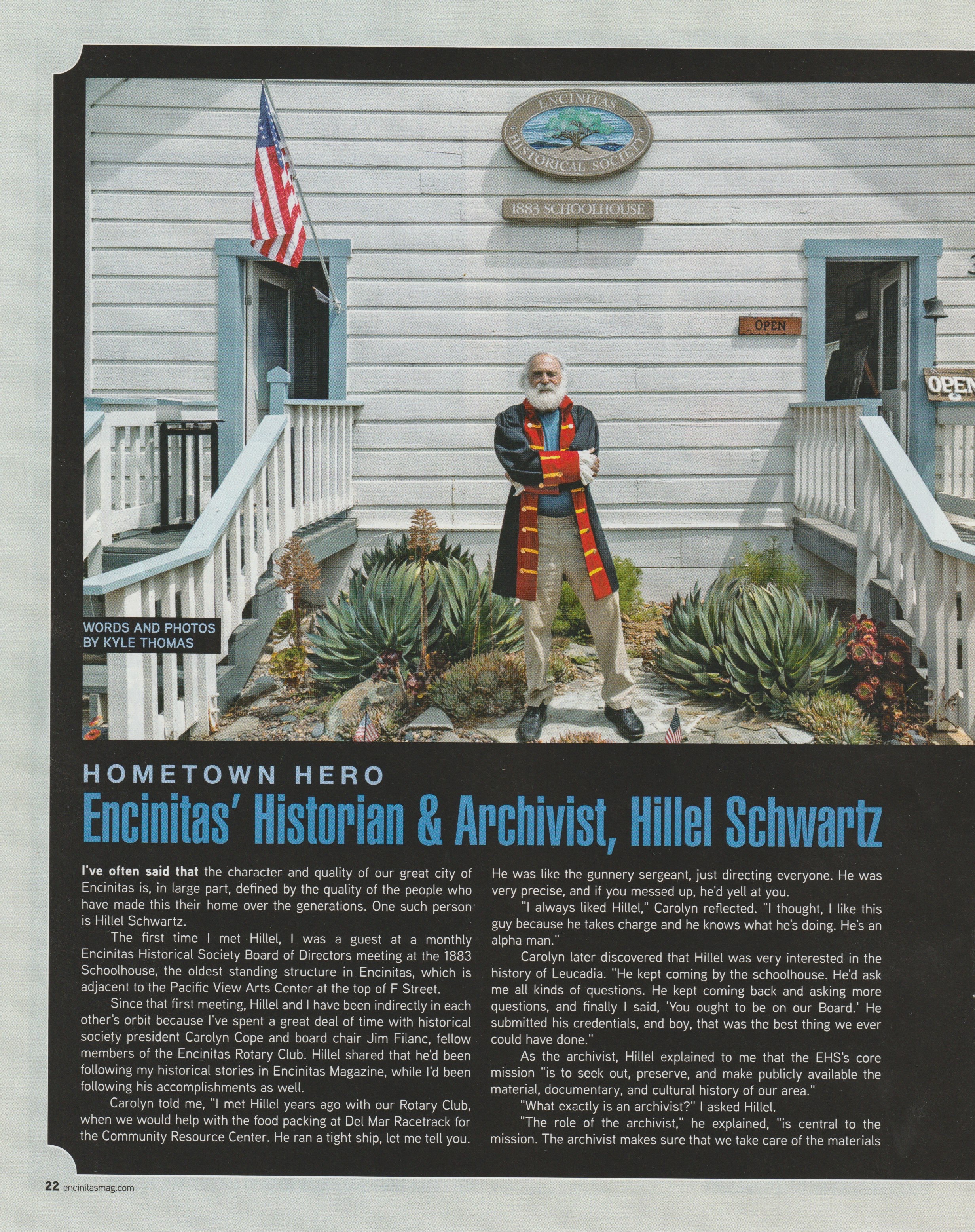 Hometown Hero, Encinitas Historian and Archivist Hillel Schwartz, as it ran in Encinitas Magazine, page 22