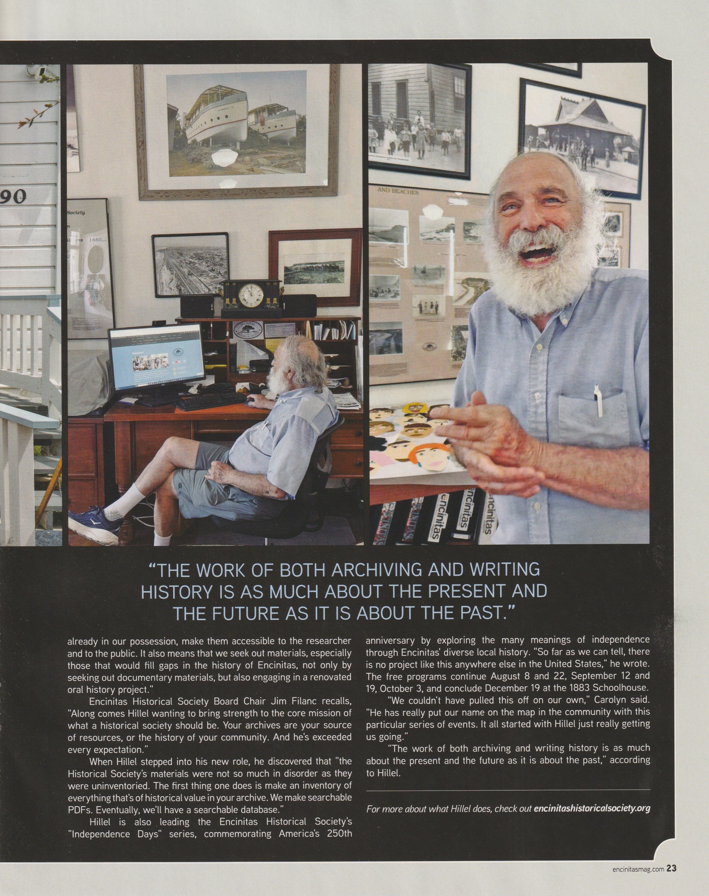 Hometown Hero, Encinitas Historian and Archivist Hillel Schwartz, as it ran in Encinitas Magazine, page 23