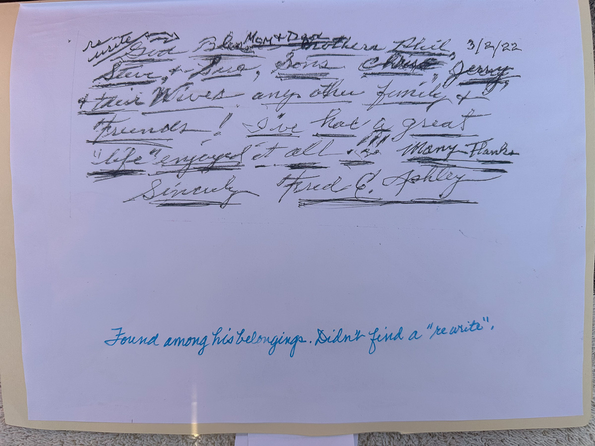 Handwritten farewell note by Fred C. Ashley dated 3/8/22