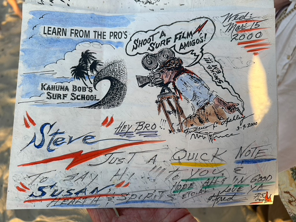 Fred Ashley sketch and note about shooting a surf film, dated 2000