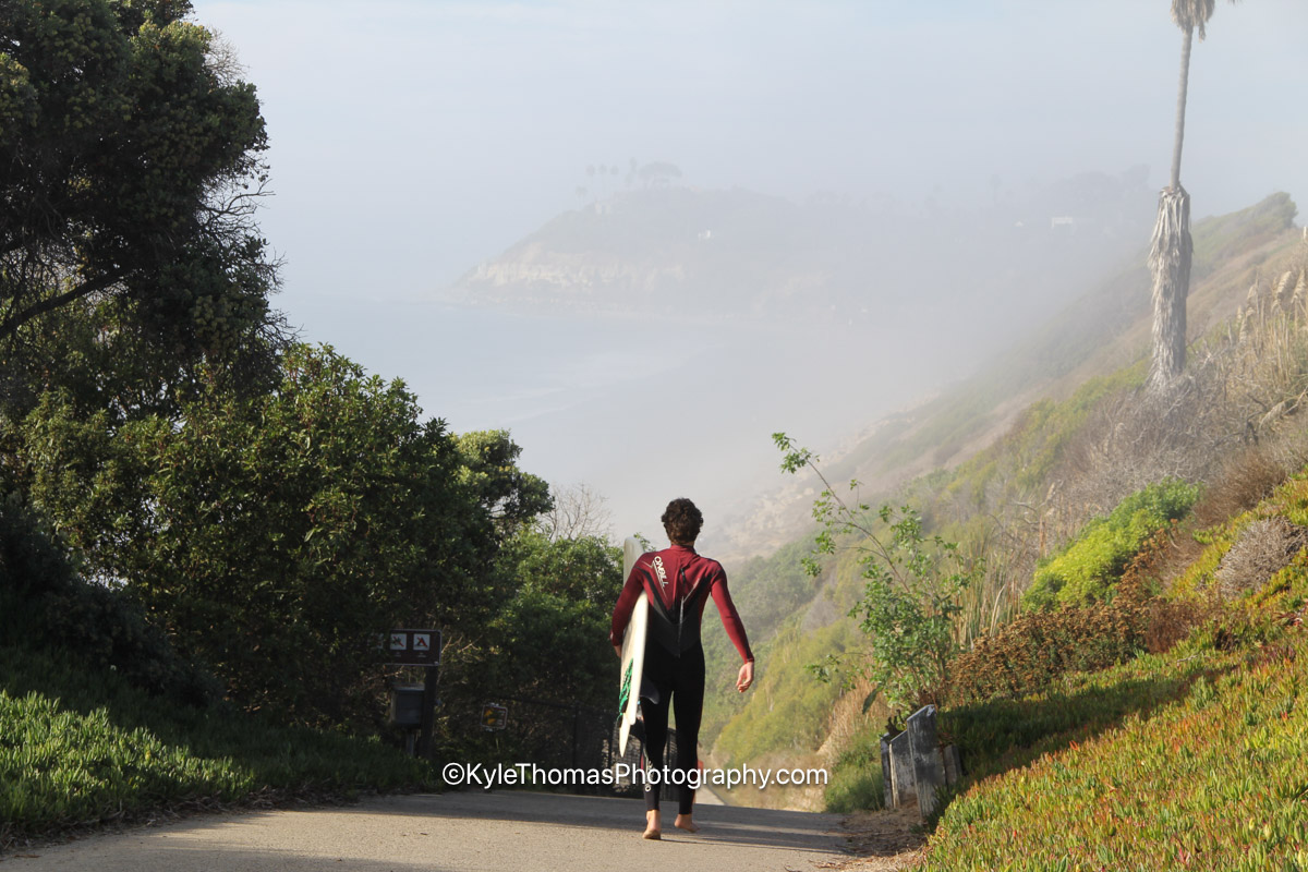 Surfer carrying his board barefoot down a coastal access road in morning fog, the bluffs and the ocean below, North County San Diego California